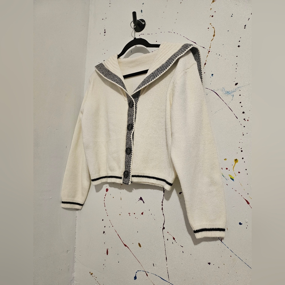 White Cropped Cardigan with Black Trim